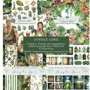 May include: A digital art collection titled "Jungle Lore" featuring clipart, floral arrangements, junk journal pages, tags, and patterns. The image includes illustrations of jungle scenes, animals, and people, with text overlays indicating the contents and specifications.