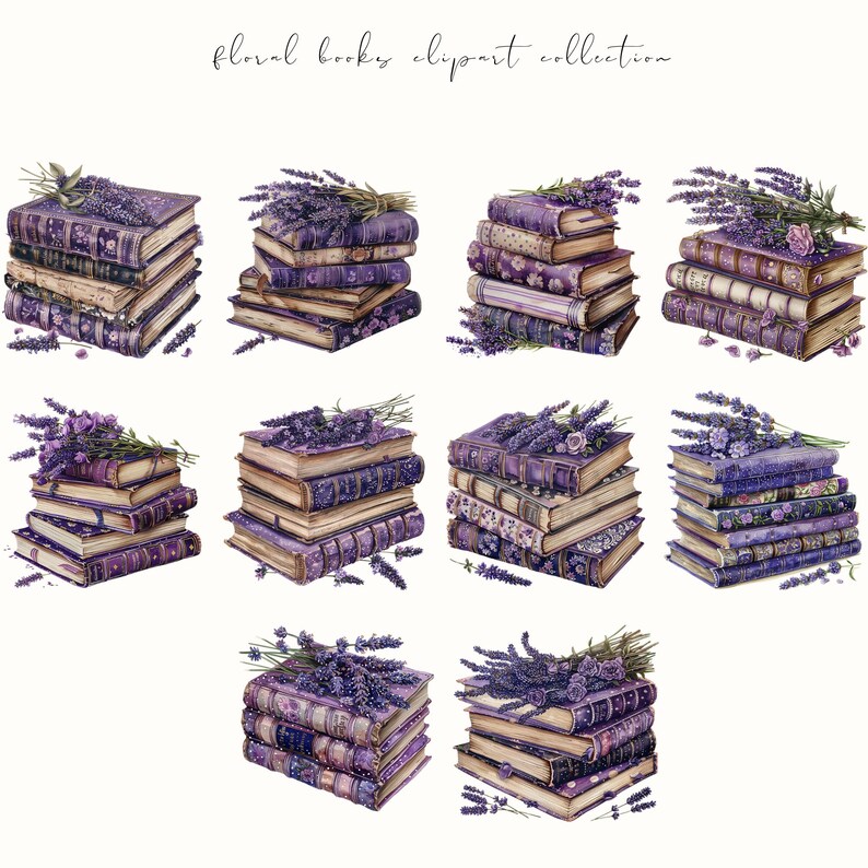 Floral book clipart featuring book stacks with flowers, perfect for booklovers and bookish aesthetics. Ideal for digital planners, stickers, and cozy creative projects.