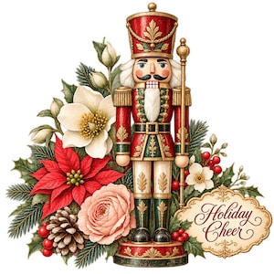 May include: A nutcracker figure in a red and green uniform stands beside a floral arrangement of poinsettias, white flowers, pine branches, and a pinecone. A decorative sign with a gold border displays the text Holiday Cheer.