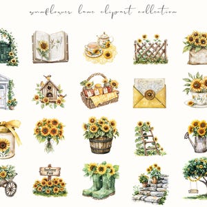 Watercolor Sunflower Lane clipart featuring cozy cottagecore sunflowers, floral baskets, and rustic summer vibes. Perfect for planner stickers, junk journals, and cottage-themed crafts.