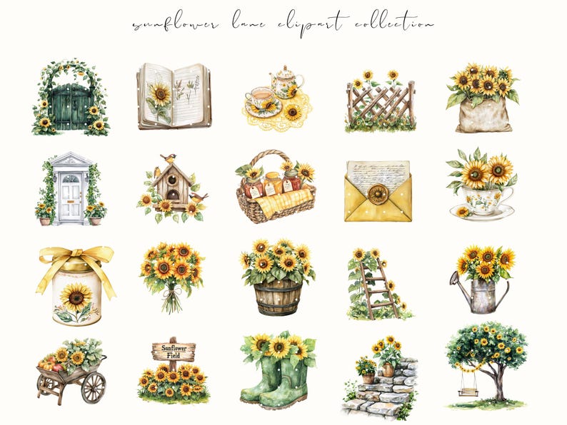 Watercolor Sunflower Lane clipart featuring cozy cottagecore sunflowers, floral baskets, and rustic summer vibes. Perfect for planner stickers, junk journals, and cottage-themed crafts.