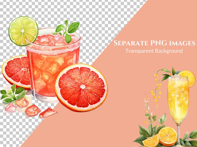 May include: Watercolor illustration of a cocktail with grapefruit slices, lime, and mint. The drink is in a clear glass with ice cubes. The image also includes a second cocktail in a tall glass with orange slices and text that reads "SEPARATE PNG IMAGES Transparent Background."