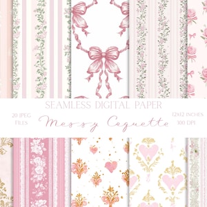 Padrões florais sem costura Messy Coquette, papel digital Grandmillennial, Shabby chic, padrão repetido Coquette rosa e branco, scrapbooking