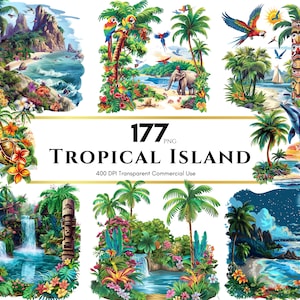 Clipart isola tropicale, Clipart isola paradisiaca, Clipart spiaggia, Clipart estate PNG, Clipart tramonti tropicali, PNG isola, uso commerciale
