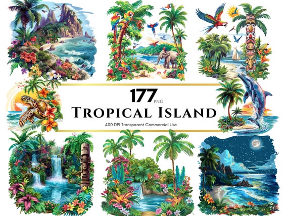Tropical Island Clipart, Paradise Island Clipart, Beach Clipart, Summer Clipart PNG, Tropical Sunsets Clipart, Island PNG, Commercial Use