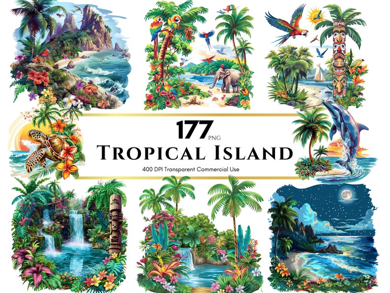 May include: A set of 177 tropical island themed digital clipart images. The images include palm trees, beaches, waterfalls, turtles, dolphins, and more. The images are 400 DPI and transparent for commercial use.