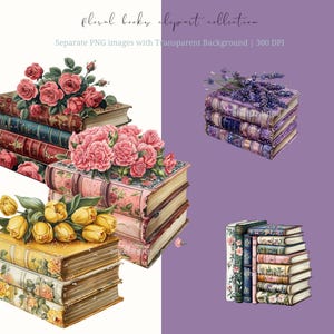 Floral book clipart featuring book stacks with flowers, perfect for booklovers and bookish aesthetics. Ideal for digital planners, stickers, and cozy creative projects.