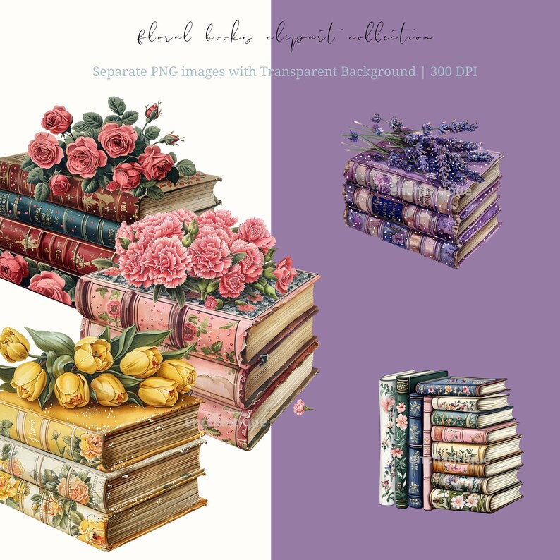 Floral book clipart featuring book stacks with flowers, perfect for booklovers and bookish aesthetics. Ideal for digital planners, stickers, and cozy creative projects.