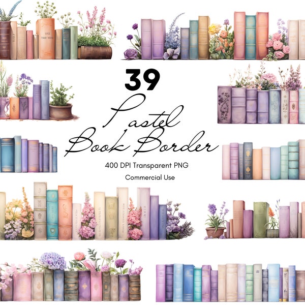 Book Border Pastel, Watercolor Clipart, Vintage, Dashboard, Digital planner, Digital Sticker, PNG, Sublimation, Printable, Commercial Use