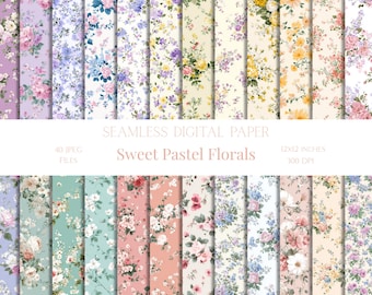 Floral Pastel Cottagecore Seamless Pattern Shabby Chic Digital Paper for Collage Scrapbooking Pastel Spring Flowers Junk Journal Paper