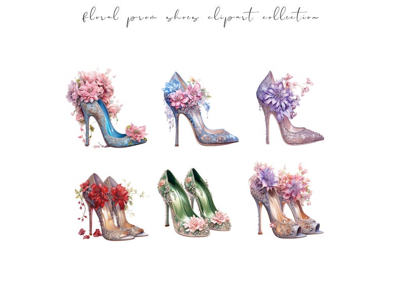 May include: Six pairs of high-heeled shoes decorated with floral embellishments. The shoes are in various colors, including blue, green, and purple.