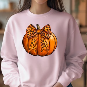 May include: A pink sweatshirt with a graphic of an orange pumpkin with a leopard print bow.