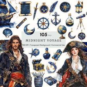 Aquarelle voyage de minuit Clipart, Clipart Piratecore, Pirates PNG, nautique, pirates vintage, Cottagecore Clipart, planificateur d'autocollants numériques