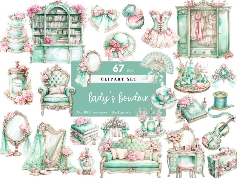 May include: A set of 67 digital clipart images featuring a lady's boudoir theme. The images include a variety of items, such as a vanity table, a chaise lounge, a harp, a book, a perfume bottle, a sewing kit, a fan, a hat, a corset, a mirror, a teacup, and a wardrobe. The images are all in a watercolor style and feature a soft, pastel color palette.