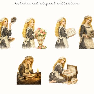 Op de afbeelding: Waterverfillustraties van een vrouw in een dienstmeisjesoutfit die verschillende taken uitvoert. De vrouw heeft lang blond haar en draagt een zwart-witte jurk met een witte schort en muts. De taken omvatten afstoffen, bloemen schikken en schrijven.
