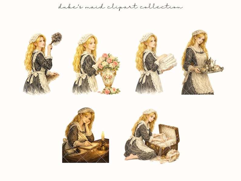 Op de afbeelding: Waterverfillustraties van een vrouw in een dienstmeisjesoutfit die verschillende taken uitvoert. De vrouw heeft lang blond haar en draagt een zwart-witte jurk met een witte schort en muts. De taken omvatten afstoffen, bloemen schikken en schrijven.