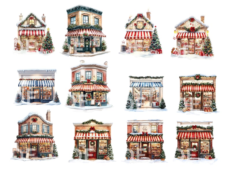 May include: Ten watercolor illustrations of charming, snow-covered storefronts with red and white striped awnings. Each storefront is decorated with greenery, wreaths, and festive lights. The storefronts are set against a white background.