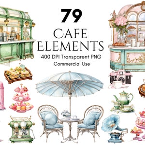 Paris Cafe Elements Clipart-Set, Pariser Restaurant, Bäckerei in Paris, Sublimationsdesign, PNG, Junk Journal, Papierhandwerk, kommerzielle Nutzung