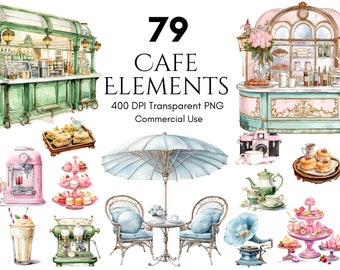 Paris Cafe Elements Clipart Set, Parisian Restaurant, Paris Bakery Shop, Sublimation Design, PNG, Junk Journal, Paper Crafts, Commercial Use