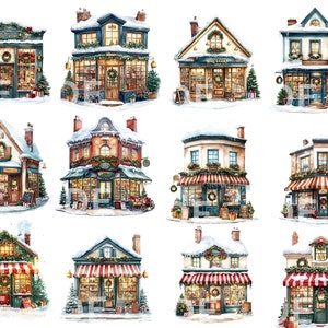 May include: Twelve watercolor illustrations of charming, snow-covered storefronts decorated for Christmas. Each storefront features a unique design with red and white striped awnings, wreaths, and festive greenery.