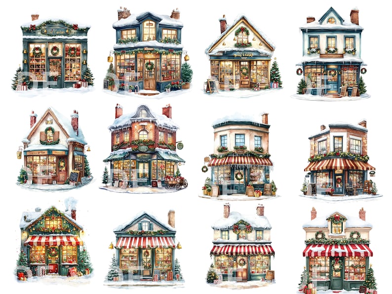 May include: Twelve watercolor illustrations of charming, snow-covered storefronts decorated for Christmas. Each storefront features a unique design with red and white striped awnings, wreaths, and festive greenery.