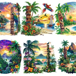 May include: Six colorful illustrations of tropical islands with palm trees, waterfalls, and tiki statues. Each illustration features a sunset over the ocean with a boat sailing in the distance.