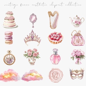 Watercolor pink vintage clipart featuring Rococo aesthetic elements and Victorian ephemera. Perfect for planner stickers, digital planners, and elegant digital scrapbooking.