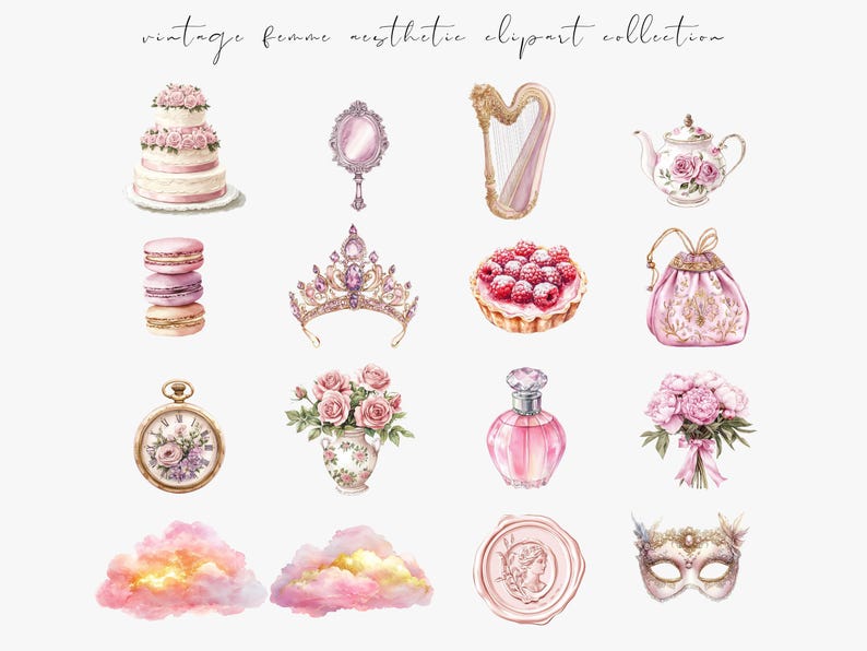 Watercolor pink vintage clipart featuring Rococo aesthetic elements and Victorian ephemera. Perfect for planner stickers, digital planners, and elegant digital scrapbooking.