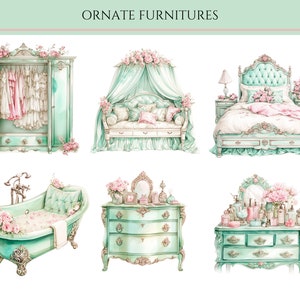 May include: A set of six ornate furniture pieces in a light green and white color scheme. The furniture includes a wardrobe, a daybed, a bed, a bathtub, and two dressers. Each piece is decorated with floral details and intricate carvings.