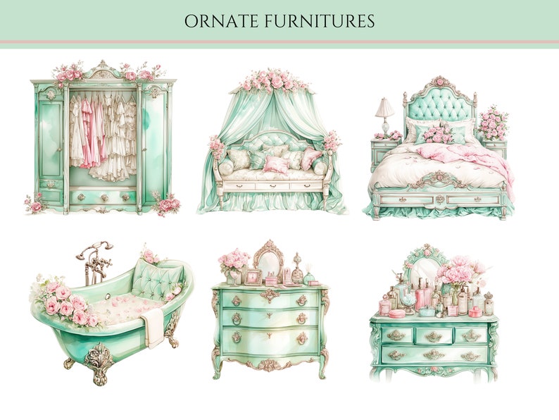 May include: A set of six ornate furniture pieces in a light green and white color scheme. The furniture includes a wardrobe, a daybed, a bed, a bathtub, and two dressers. Each piece is decorated with floral details and intricate carvings.