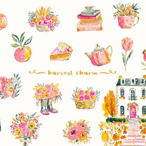 A whimsical watercolor clipart bundle titled Harvest Charm, featuring cozy autumn illustrations in bright, painterly style. Includes fall houses, pumpkins, scarves, books, turkeys, florals, and fashionable characters in warm seasonal tones. Ideal for digital stickers, planners, scrapbooking, and junk journaling. Brings a cheerful, glam fall aesthetic perfect for Thanksgiving, autumn crafting, and seasonal creative projects