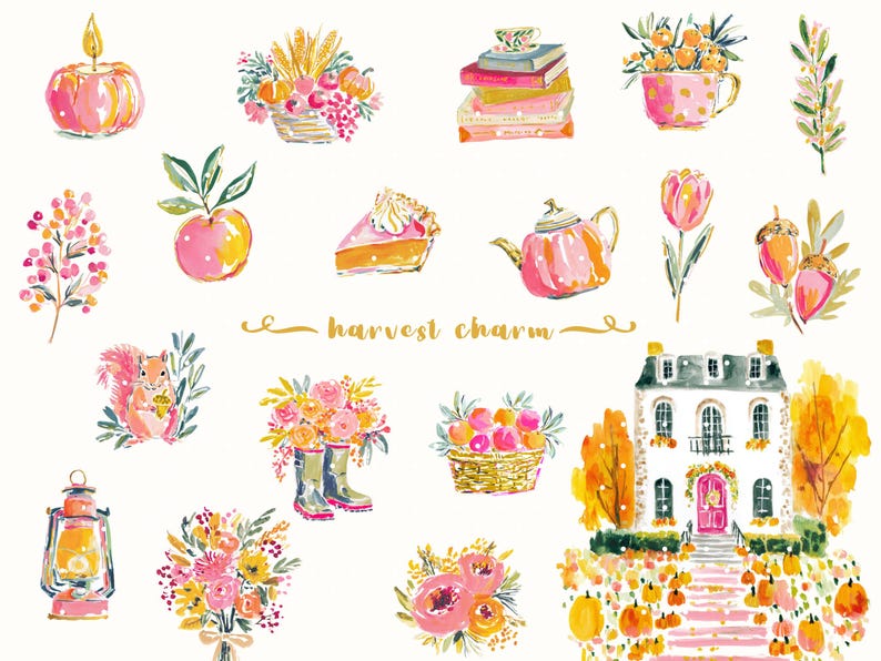 A whimsical watercolor clipart bundle titled Harvest Charm, featuring cozy autumn illustrations in bright, painterly style. Includes fall houses, pumpkins, scarves, books, turkeys, florals, and fashionable characters in warm seasonal tones. Ideal for digital stickers, planners, scrapbooking, and junk journaling. Brings a cheerful, glam fall aesthetic perfect for Thanksgiving, autumn crafting, and seasonal creative projects
