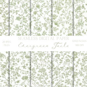 Papel digital Toile de Jouy francés con estampados florales verde claro y sin costuras, fondos chinoiserie verde y blanco para papel de álbum de recortes digital.