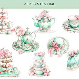 May include: A watercolor illustration of a tea party with a teal teapot, teacups, and a tiered cake stand with pink roses and cupcakes. The text "A Lady's Tea Time" is at the top of the image.