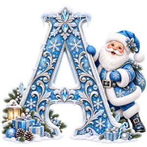 May include: A large, ornate letter A in shades of blue and silver, decorated with snowflakes, crystals, and frost. Beside it stands a cheerful Santa Claus in a blue and white suit, holding a sack, surrounded by gifts, pine, and a lantern.