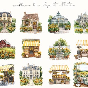 Watercolor Sunflower Lane clipart featuring cozy cottagecore sunflowers, floral baskets, and rustic summer vibes. Perfect for planner stickers, junk journals, and cottage-themed crafts.