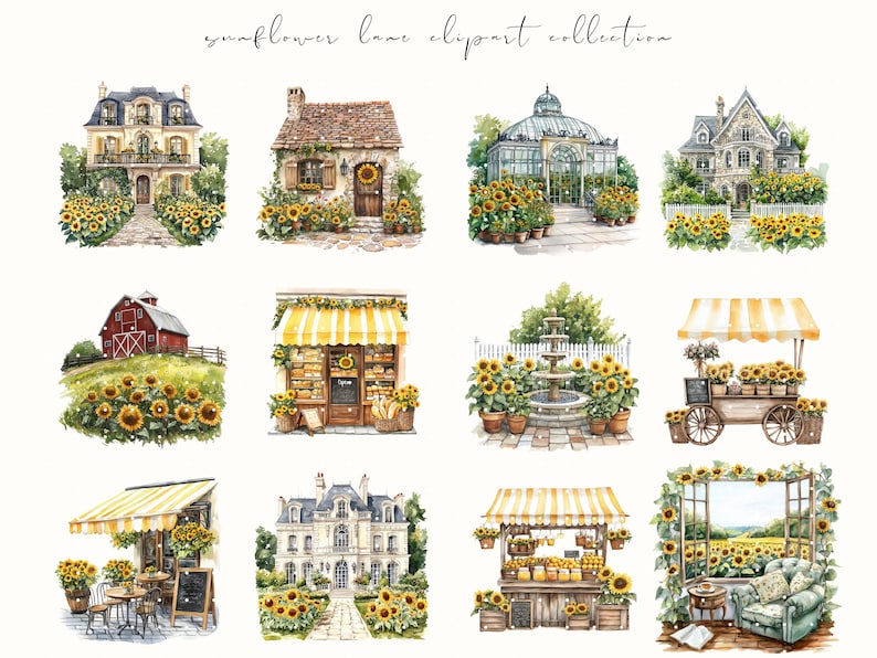 Watercolor Sunflower Lane clipart featuring cozy cottagecore sunflowers, floral baskets, and rustic summer vibes. Perfect for planner stickers, junk journals, and cottage-themed crafts.