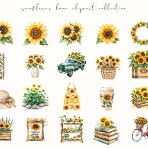 Watercolor Sunflower Lane clipart featuring cozy cottagecore sunflowers, floral baskets, and rustic summer vibes. Perfect for planner stickers, junk journals, and cottage-themed crafts.
