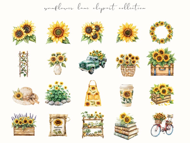 Watercolor Sunflower Lane clipart featuring cozy cottagecore sunflowers, floral baskets, and rustic summer vibes. Perfect for planner stickers, junk journals, and cottage-themed crafts.
