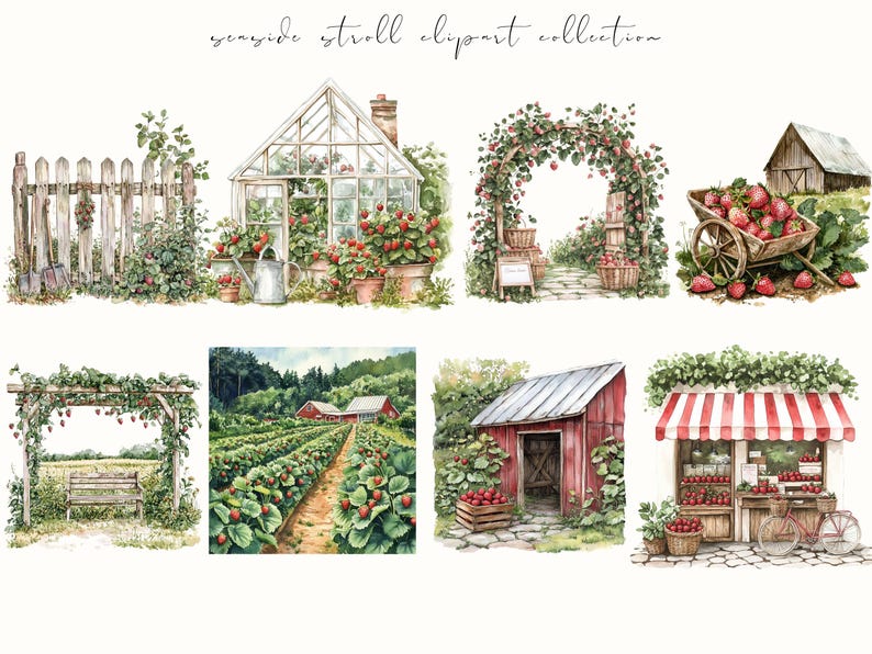 Watercolor strawberry harvest clipart featuring spring and summer cottagecore elements. Perfect for digital stickers, planners, and junk journal projects with a fresh, botanical feel.