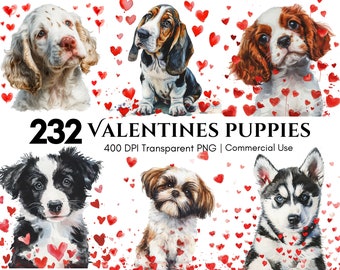 Valentines Puppies, Watercolor Hearts, clipart, Digital planner, Digital Sticker, PNG, Sublimation, Junk Journal, Scrapbook, Commercial Use