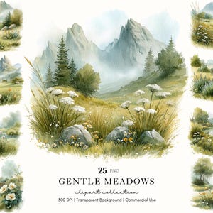 May include: Watercolor clipart collection featuring 25 PNG images of gentle meadows. The images depict serene landscapes with mountains, fields of wildflowers, and trees. The collection includes a variety of scenes with a soft, natural color palette.