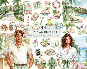 Watercolor Coastal Retreat Clipart, Tropical Vacation Clipart, Luxury Beach Resort PNG, Spa, Travel, Summer Vibes, Digital Stickers Planner