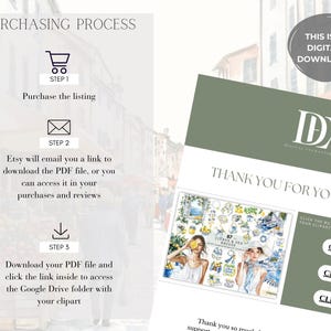 May include: A digital download graphic with a purchasing process guide. The guide includes steps to purchase, download a PDF, and access a Google Drive folder. The image also includes a thank you note and a digital download label.