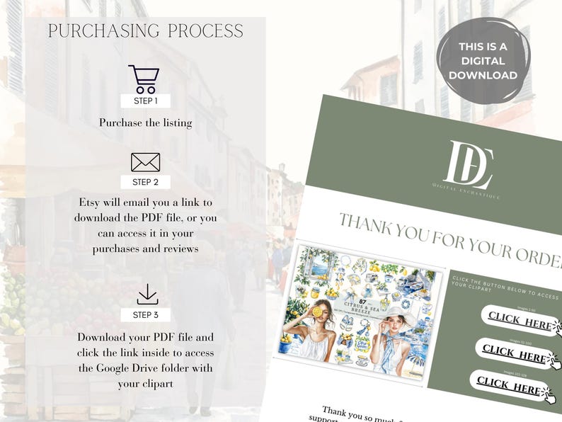 May include: A digital download graphic with a purchasing process guide. The guide includes steps to purchase, download a PDF, and access a Google Drive folder. The image also includes a thank you note and a digital download label.
