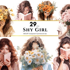 Shy Girl Clipart, Fashion Girl, Bookworm tag, Fashion Illustration, Sublimation Design, PNG, Junk Journal, Paper Crafts, Commercial Use