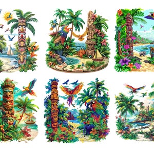 May include: Six colorful illustrations of tropical scenes with totem poles, palm trees, parrots, and beaches. Each illustration features a different totem pole with unique carvings and a vibrant color scheme.