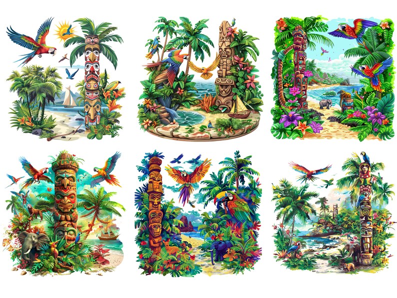 May include: Six colorful illustrations of tropical scenes with totem poles, palm trees, parrots, and beaches. Each illustration features a different totem pole with unique carvings and a vibrant color scheme.