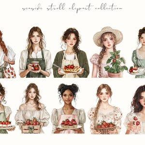 Watercolor strawberry harvest clipart featuring spring and summer cottagecore elements. Perfect for digital stickers, planners, and junk journal projects with a fresh, botanical feel.