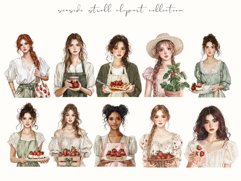 Watercolor strawberry harvest clipart featuring spring and summer cottagecore elements. Perfect for digital stickers, planners, and junk journal projects with a fresh, botanical feel.